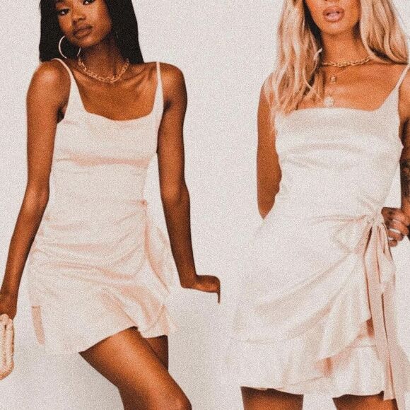 Princess Polly Dresses & Skirts - Princess Polly Cottage Hill Champagne Satin Wrap Mini Dress Ruffle Hem (Sz S/4)